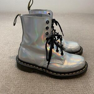 Dr. Martens Pascal Boots Womens 6 Silver Holographic Ankle Combat y2k Grunge